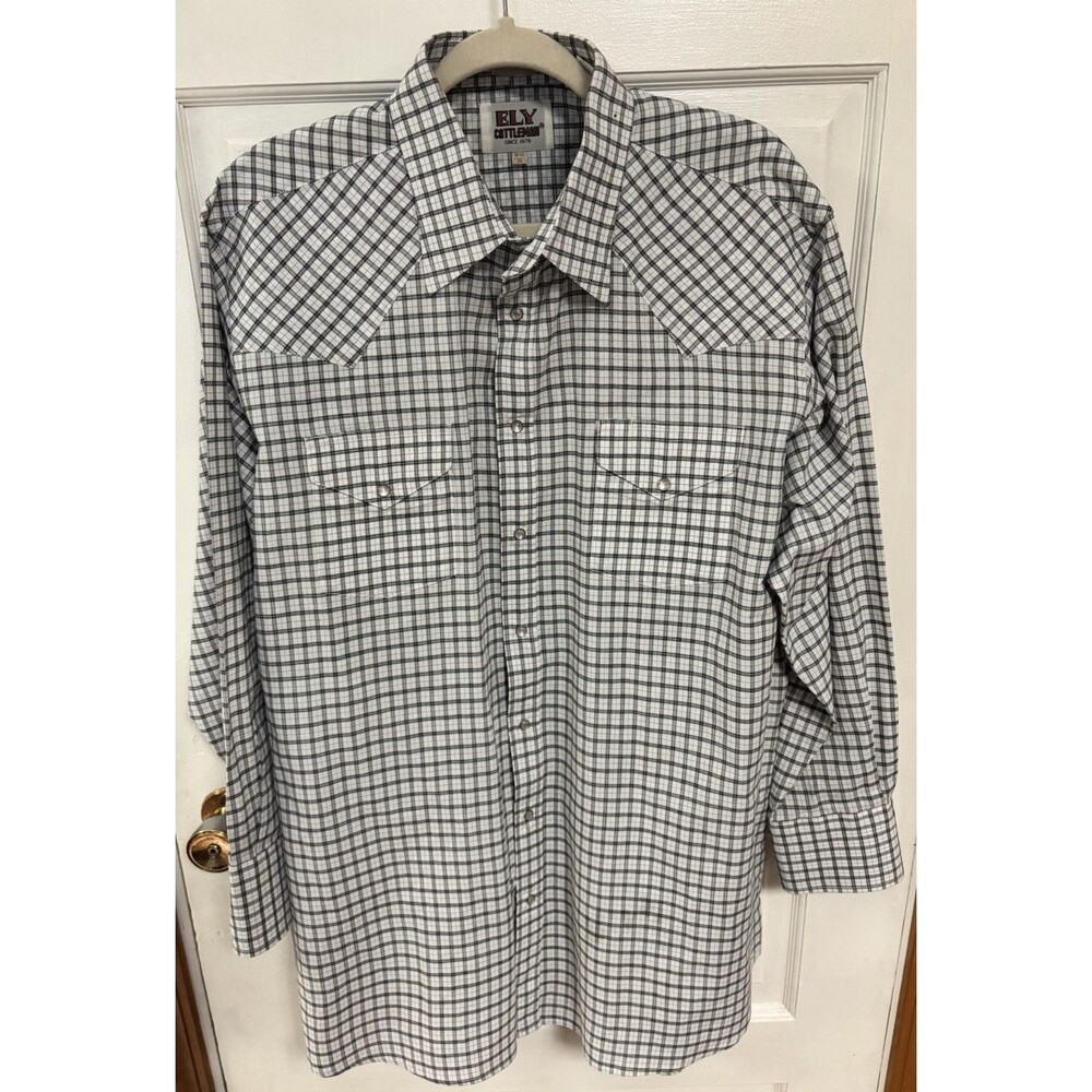 Ely Cattleman Plaid Black White Tall Man Pearl Snap Long Sleeve Sz Xl 18.5  35
